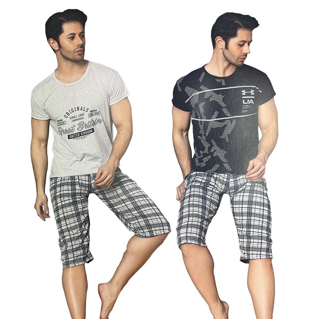 Piżama męska krótki rękaw, 3/4 spodenki