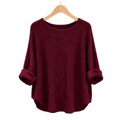Sweter damski długi rękaw AMBESSA O-NECK BORDO