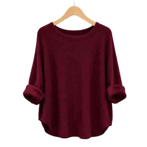 Sweter damski długi rękaw AMBESSA O-NECK BORDO
